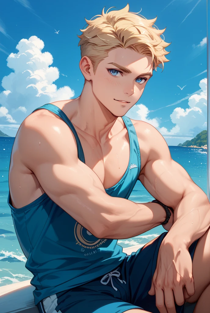 Best quality, masterpiece, ultra high res, detailed background, solo, male,  muscular ,muscular thighs, swimming pool, swim trunks, looking up, looking at viewer, depth of field, summer, smiling, blonde hair, blue eyes, no facial hair, gepard, sitting, dappled sunlight, bulge, shirtless