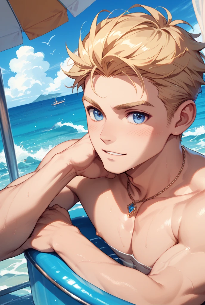 ((masterpiece)),(((best quality))), (high-quality, breathtaking),(expressive eyes, perfect face), 1boy, solo, male, short, young, 18 yo boy, short blonde hair, blue eyes, smiling,,, slim, shirtless, pubic hair, wet, under water, ocean, beautiful scenery, blue sky --auto