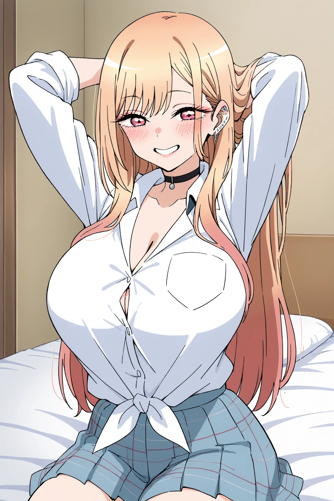 A sensual sexy woman beautiful big breast beautiful attraction long blonde yellow hair her gray eye wears white button down shirt office shows chest red bra and a short purple skirt she cries sad she kneeling feet sorry guy