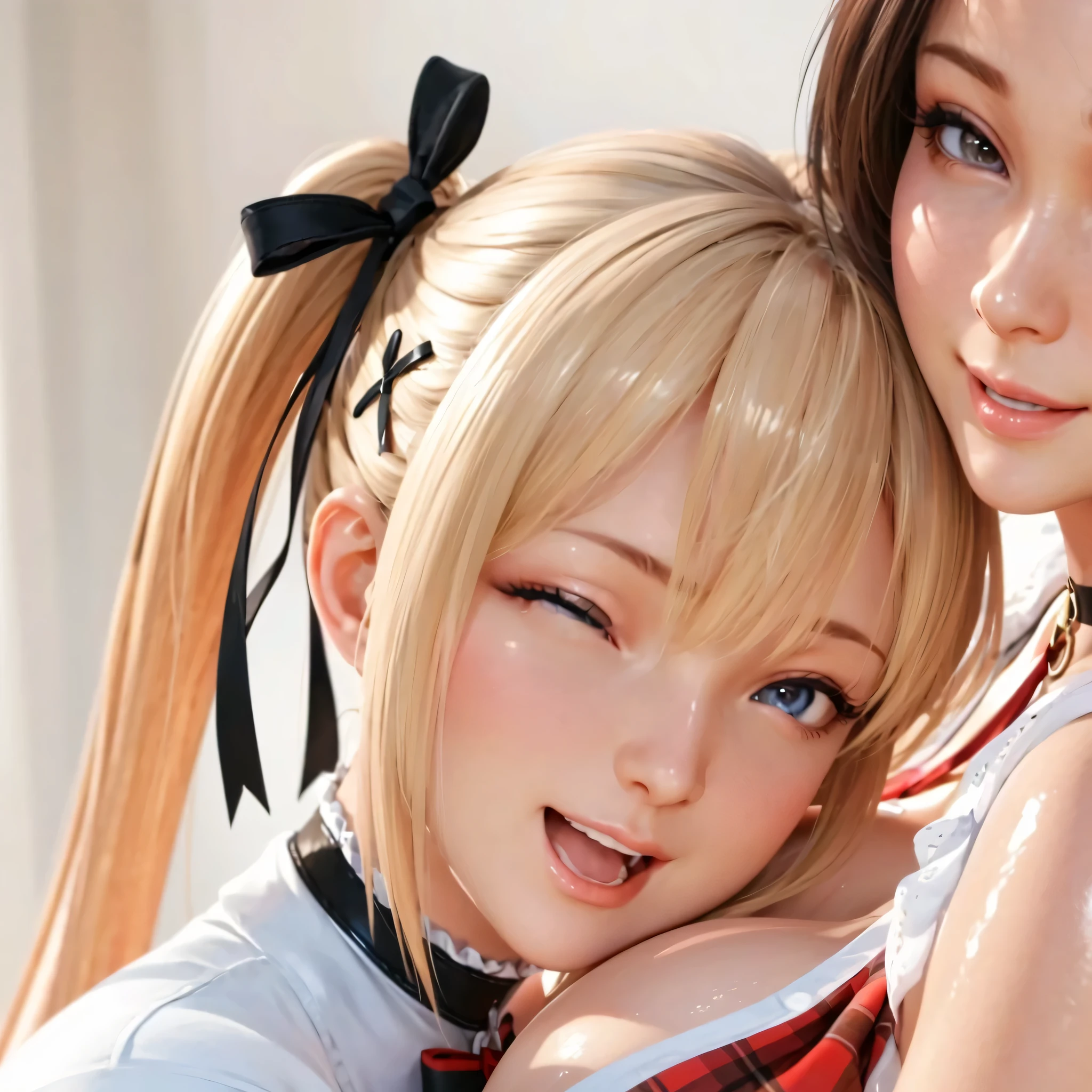 The two girls hugged each other. Kiss each other face to face. Grasp each other's breasts with your hands. Perfect figure., {{Huge breasts }},{ Perfect body },{ Exquisite face},{{{best quality}}},{{ultra-detailed}}, {{masterpiece}},{{masterpiece}}, {{{best quality}}},{{ultra-detailed}}, {{illustration}},{{disheveled hair}},{{disheveled hair}},clear facial features,Realism,Photorealism,New Realism,octane render,Corona Render,UE4,high detail,hyper quality,high resolution,8Ktrending on artstation,HD,hyperrealism,telephoto lens,Chest Shot(MCU),first-person view,film lighting,-imagine -