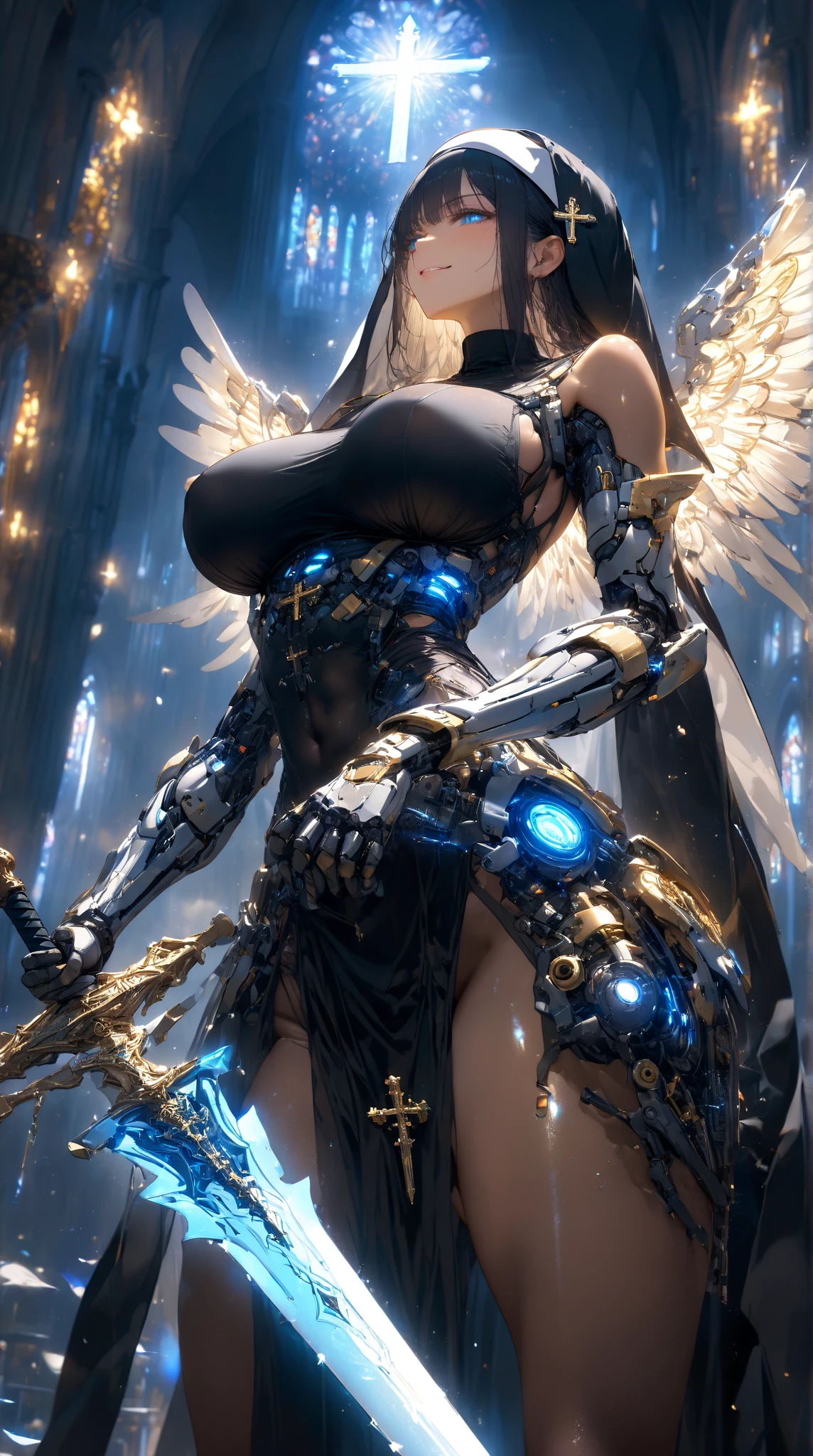 (masterpiece), (top-quality), (top-quality), masterpiece, (High Definition CG Illustration), ((extremely delicate and beautiful)), (Since a while ago), Cinematic Light, Grotesque Machine Girl, super realistic details, portlate, globalillumination, ultra-sharp, Convoluted, ornaments detailed, cold color, metals, highly intricate detail, Realistic light, radiant eyes, neon details, Mechanical limbs, blood vessels connected to tubes, Pipe connected to the crotch, Mechanical vertebrae attached to the back, mechanical cervial attaching to the neck, sitting on, Wires and cables connecting to the head, Smaller breasts, Small-eyed buttocks, ((lamentation)), ((Angel wings)), Emphasis on mechanical skeleton, (((Emphasis on mechanical interiors))), (Put a little emphasis on mechanical bones) ,teats, No pubic hair, (((realisitic))). Interior of the Church Cathedral at night lit by candles, Tears of blood, Soft breasts and buttocks and face, Hands and feet are restrained