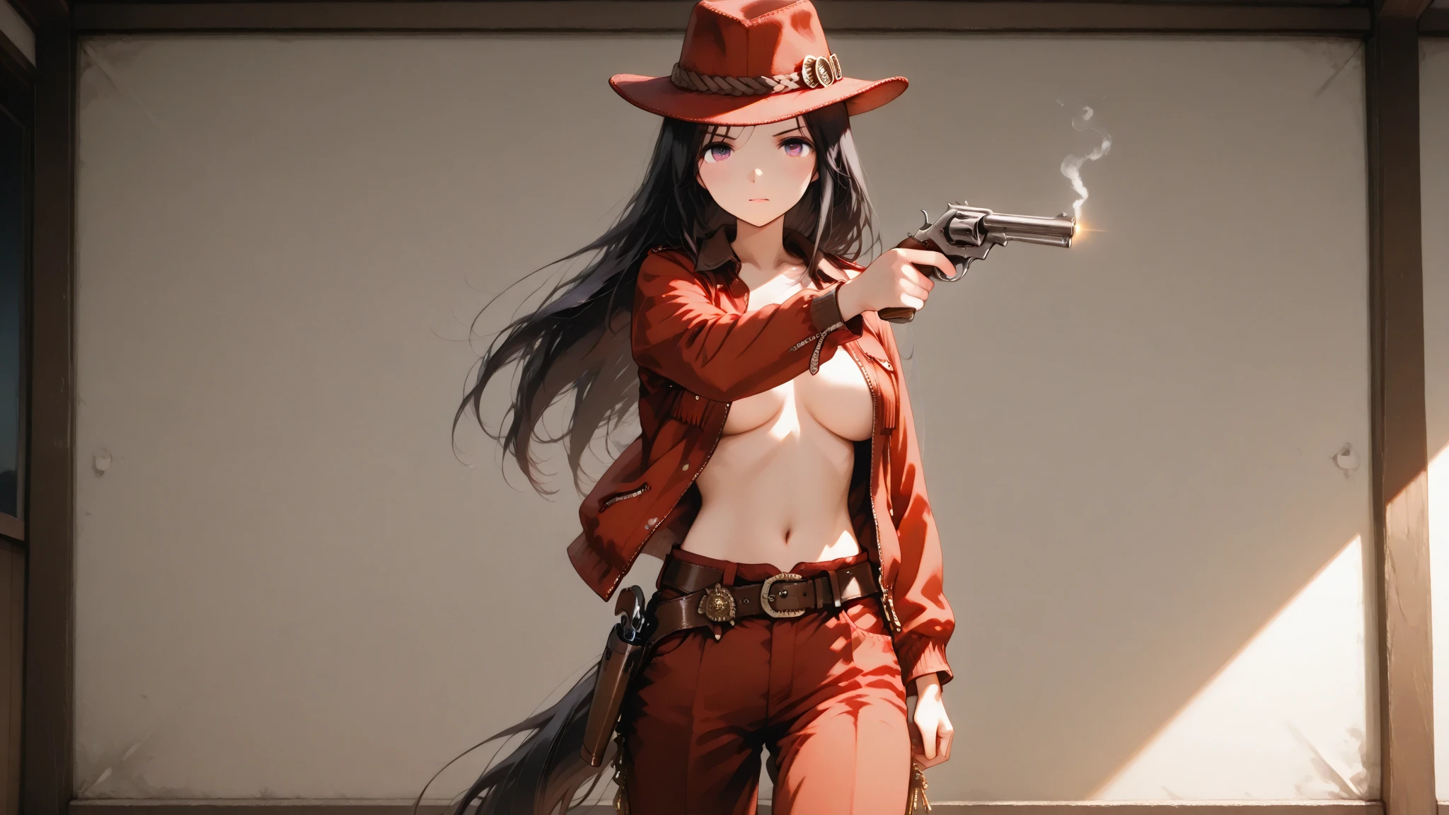 (((One beautiful woman:2.0))),(((NSFW:1.5))),((Nude:2.0))),(((Wearing a gun belt and holster on his waist:1.8))),((Wear a watch on your wrist:1.2))),(((Black Hair))),(((Exposed thin inner thighs))),(((Small breasts:1.5))),(((Bare arms))),((Blushed:1.5)), Beautiful detailed girl, Very detailed目と顔, 緻密でBeautiful Eyes, Very detailed, High resolution, Highest quality, masterpiece, Very detailed, 8k wallpaper, wonderful, finely, Highest quality,(Standing in front of a wooden wall),Beautiful Eyes,((Engage your audience:1.5)),(((Full body shot:1.7))),((Hands close to chest:1.5)),((((Shot from under your feet:2.0)))),(((Crying face:1.0))),(((Are standing:1.2))),(((Scared:1.7)))