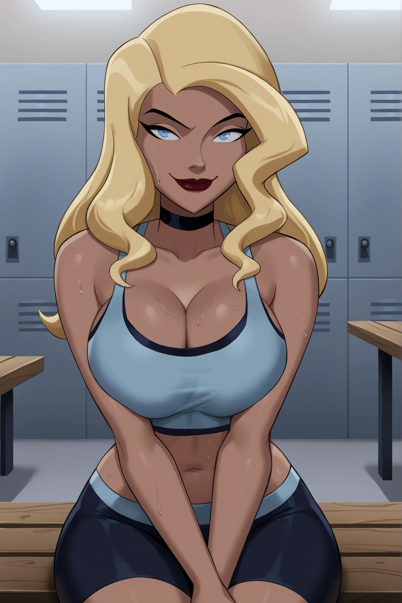 PonyXLV6_Scores BREAK ((parody), perfect anatomy, perfect eyes, cowboy shot) BREAK dinah lance, long hair, blond hair, blue eyes, dark-skinned female, ((looking at viewer)), black choker, cleavage, light blue racerback sports bra, light blue workout shorts with dark blue trim, large breasts, curvy, athletic, indoors, smile, closed mouth, locker room, happy expression, bedroom eyes, dark red lipstick, sitting on bench, closeup, portrait, upper body, sweaty
