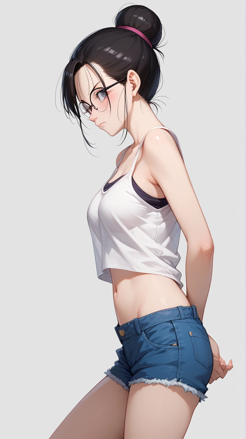 High resolution, woman , good lighting, despicable, , (No nudity), (((jean shorts))), ((white sports bra)), (((leather thigh high boots))), (wet shorts),cute face, , ((raise one leg)), ((black hair))