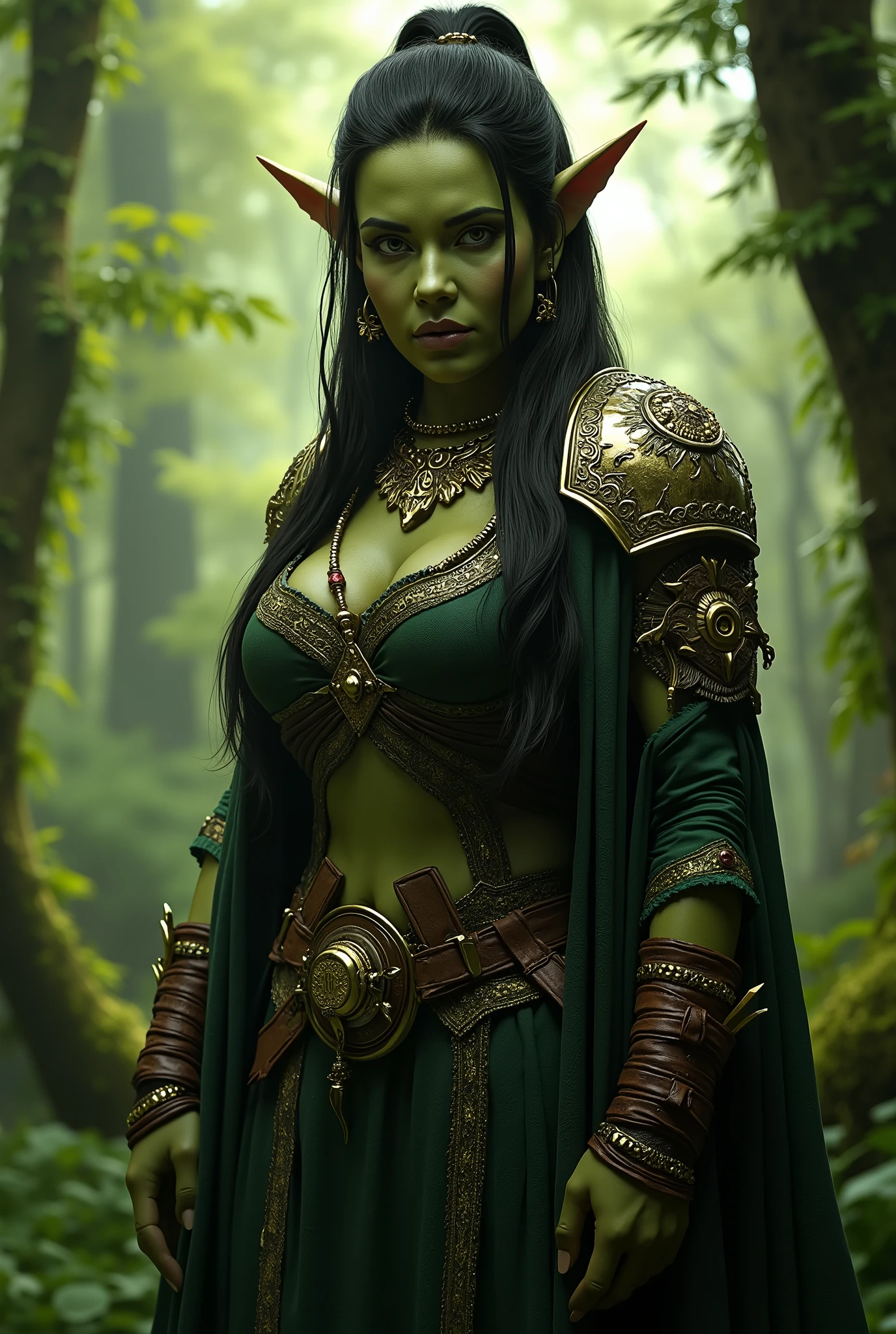 This image features a detailed, medium shot of a female orc character with a fantasy huntress aesthetic, set against a verdant forest background. She appears to have green skin, suggesting she might be an orc, though her features are distinctly human-like and conventionally attractive. (((ATTENTION: She have visible bottom tusks.))) She is dressed in a striking outfit consisting of: A dark green cloak with intricate gold trim along the edges, draped over her shoulders and back. Metallic, possibly silver or dark gold, pauldrons (shoulder armor) with ornate designs, complementing the trim on her cape. A large, decorative necklace or chest piece with a central medallion and various dangling elements, seemingly made of gold or brass and possibly incorporating gemstones. Leather armbands or bracers on her forearms, also detailed with metallic elements. Her dark hair is long, with few dreadlocks. Her gaze is direct and intense, looking straight at the viewer. The lighting suggests an outdoor setting, likely within the forest, with soft, diffused light highlighting her features and attire. The overall impression is one of strength, mystique, and an almost regal warrior presence (NO CLEAVAGE, HIDE HER BREASTS)
