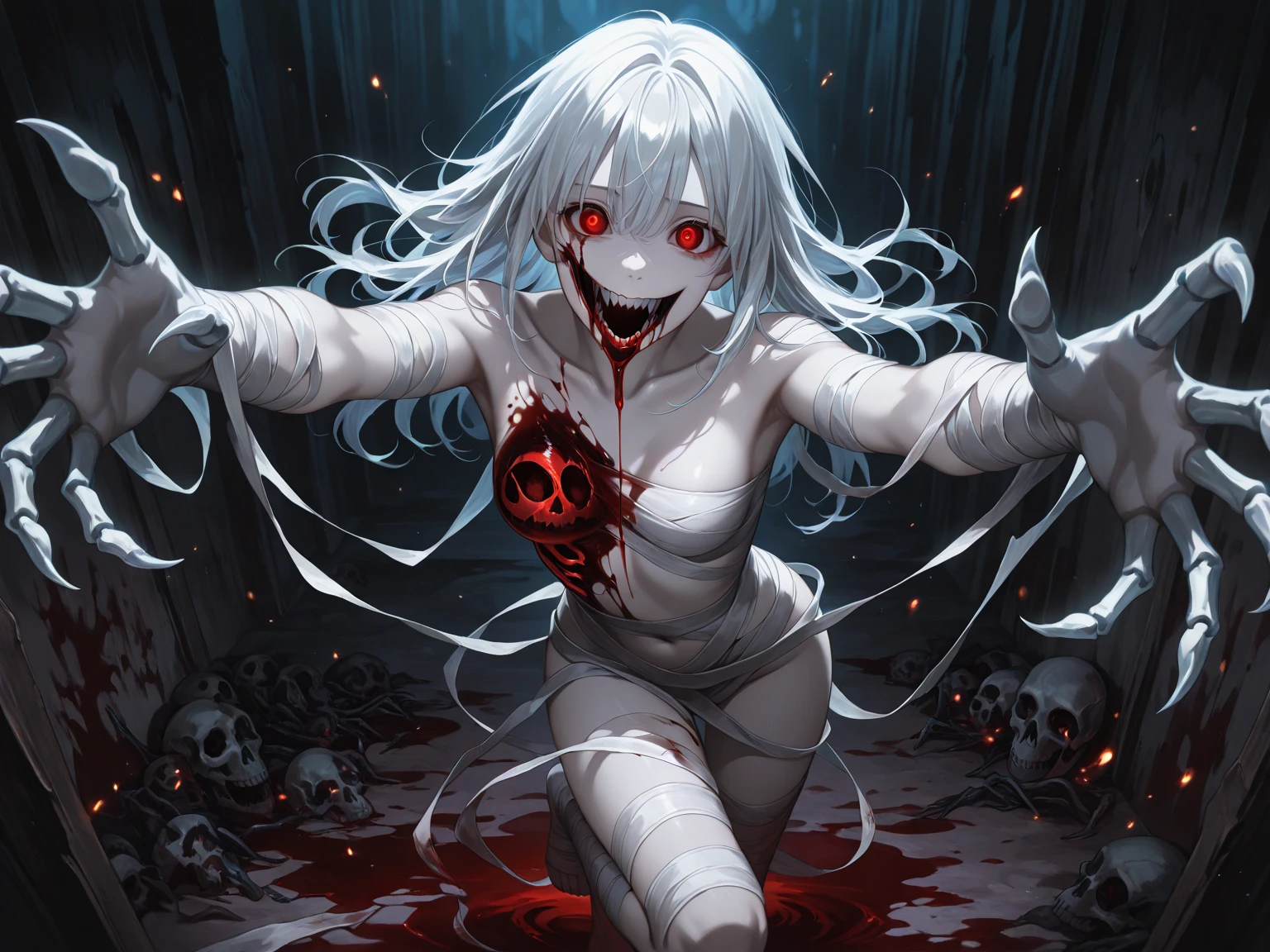 ((Best masterpiece, Perfect quality, Ultra detailed)), ((Grotesque, Fleshy, Parasitism)), ((Wounds, Cysts, Blisters, Tumors, Organs, Spines, Mucus)), A skinny girl, With small breasts, With light gray hair, With worn out fabric, She was parasitized. Chrysalises are writhing inside her body. Scratched body, Teared skin, Decayed limbs, Mutated limbs, Bloody wounds, Lacerated cheek, Parasites, Infection, Infesting, Surrendered, Corrupted