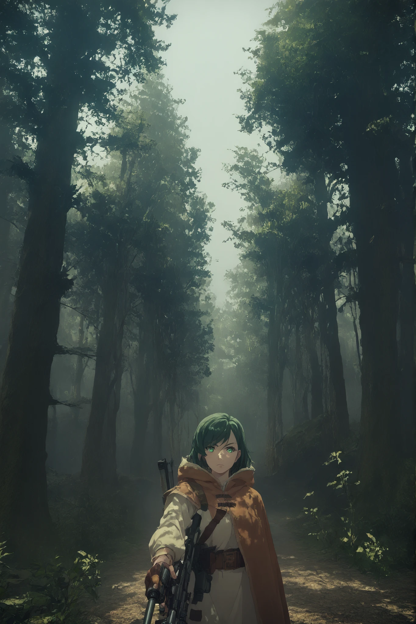scenery,nierscene,KJOlily, green hair, green eyes, medium hair, swept bangs, in a forest, aiming a rifle