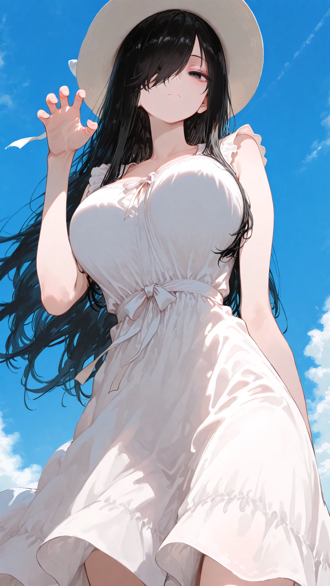 Black Hair Girl, White dress, grassland, noon, The wind blowing through, cumulonimbus