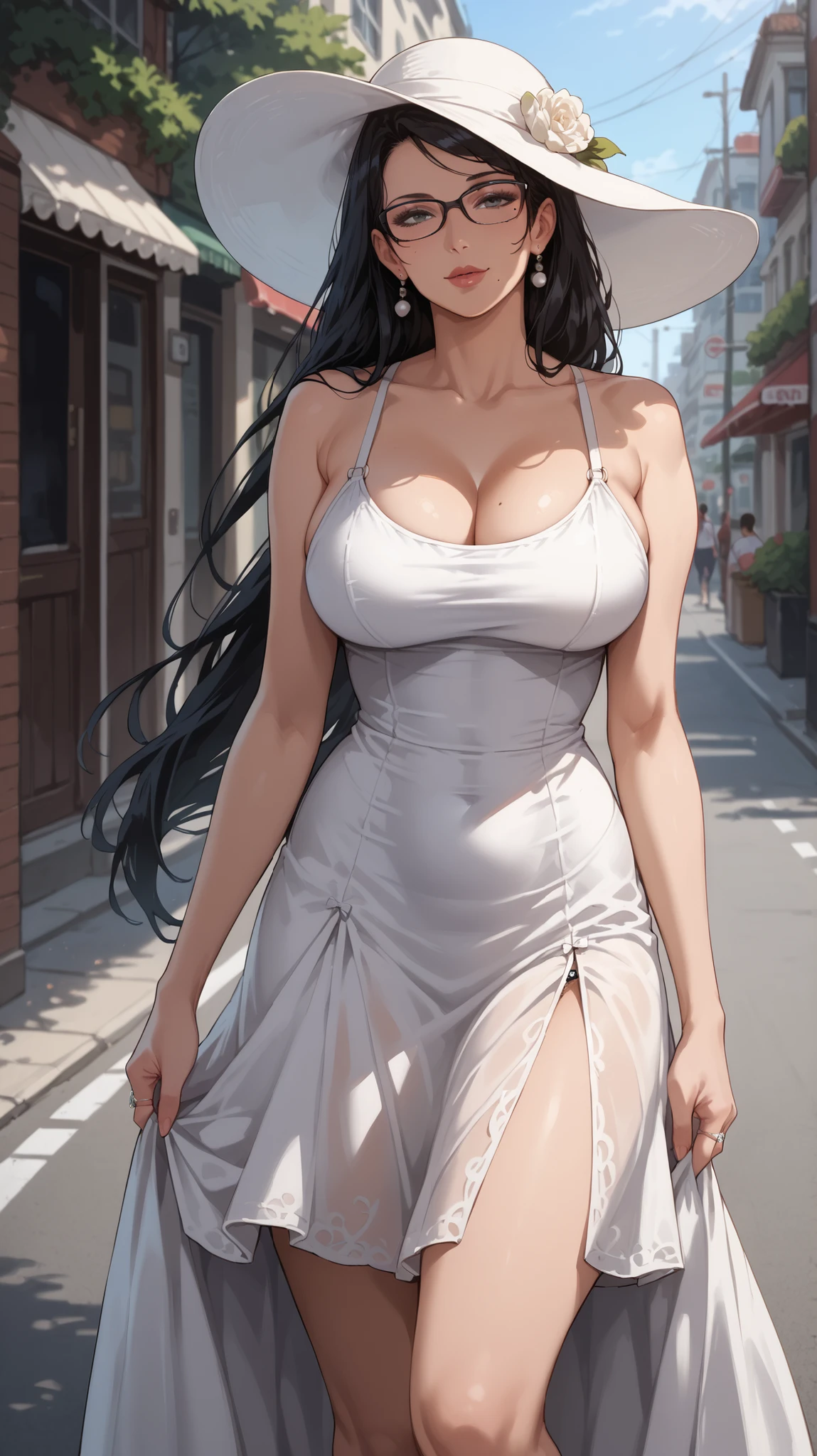 An absurd solution, High resolution, (masterpiece:1.4), ((Giant Breasted:1.6)), Super detailed, One girl, Brown eyes, Long black hair,Tight sleeveless、Long knit dress, City streets,Sexy posture, whole body、looking at the camera、