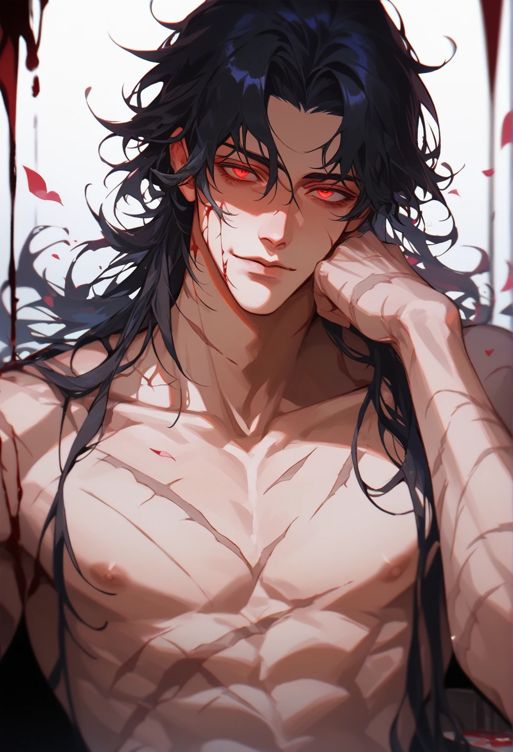 Solo-man, middle aged, tall man, masculine, muscular, broad shoulders, (long messy black hair:1.3), red eyes, neutral face, serious, black cloak