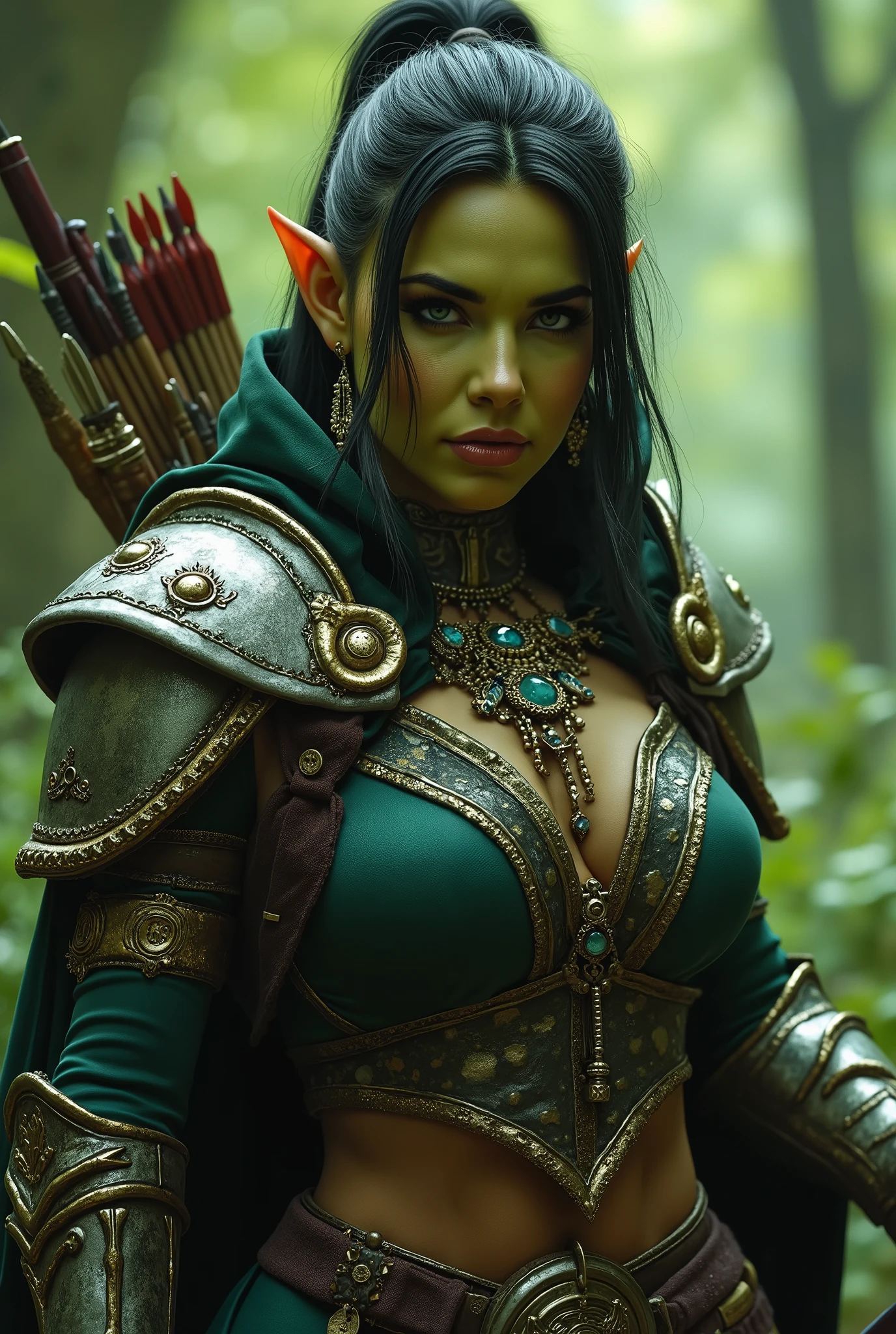 This image features a detailed, medium shot of a female orc character with a fantasy huntress aesthetic, set against a verdant forest background. She appears to have green skin, suggesting she might be an orc, though her features are distinctly human-like and conventionally attractive. (((ATTENTION: She have visible bottom canines.))) She is dressed in a striking outfit consisting of: A dark green cloak with intricate gold trim along the edges, draped over her shoulders and back. Metallic, possibly silver or dark gold, pauldrons (shoulder armor) with ornate designs, complementing the trim on her cape. A large, decorative necklace or chest piece with a central medallion and various dangling elements, seemingly made of gold or brass and possibly incorporating gemstones. Leather armbands or bracers on her forearms, also detailed with metallic elements. Her dark hair is long, with few dreadlocks. Her gaze is direct and intense, looking straight at the viewer. The lighting suggests an outdoor setting, likely within the forest, with soft, diffused light highlighting her features and attire. The overall impression is one of strength, mystique, and an almost regal warrior presence (NO CLEAVAGE, HIDE HER BREASTS) A kit of arrows and a bow on her back. Holding a spear.