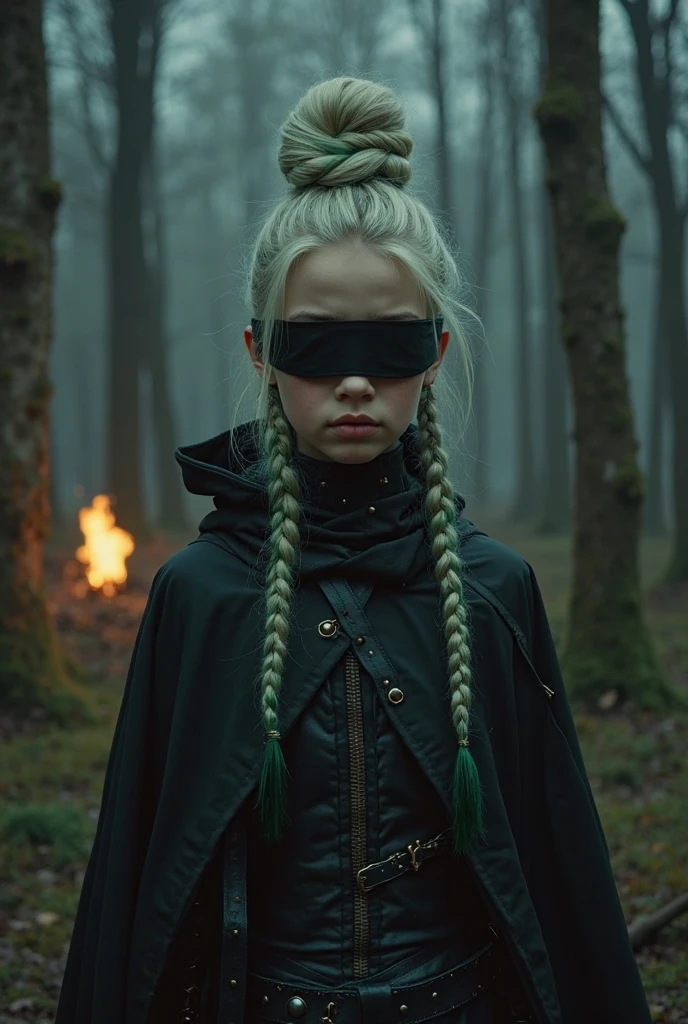 Terrifying figure,girl blonde child of 6 years,scary red eyes,wears a black hood and her skin looks dead and damp,she holds on her own necks,((profile picture),sinister figure that causes fear,hyper realistic,horrifying,4k