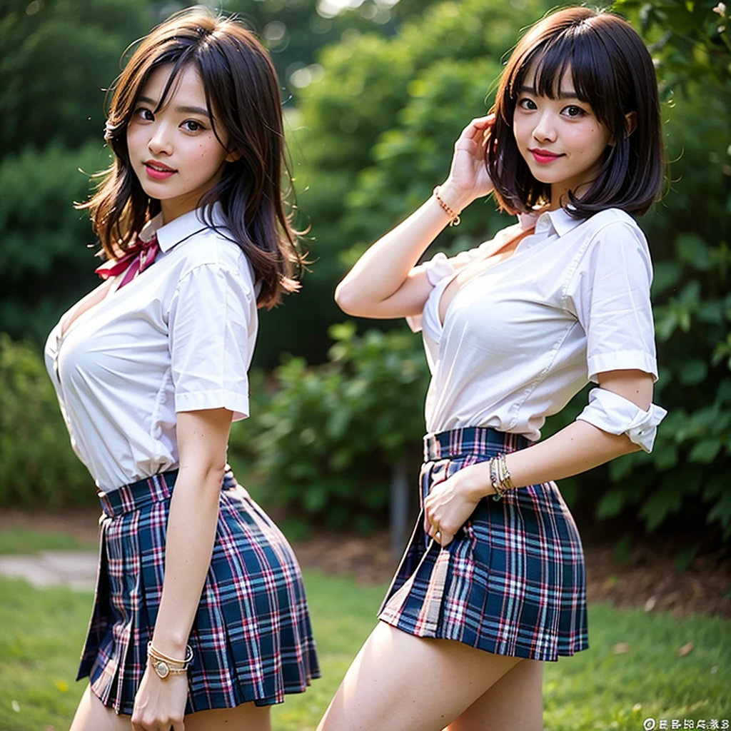 ((Two girls,duo,Face focus,caressing the,Postural collar))"Beautiful female characters in anime style、navel,Short blue hair、eBlue eyes、A smile、blazers、white shirt、red bowtie、red plaid skirt、Figures in black stockings、Bouquet in hand、Scene of dancing in a summer garden。With high-quality depictions and the highest quality、emphasizing thighs、In the bright sun、The whole body glows、Paint a gorgeous picture。"