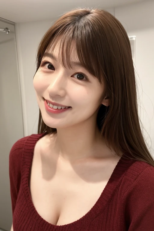 One girl, alone,smile,thin , 8K About 40 years old but beautiful. Wearing a knitted T-shirt. Big breasts. A few wrinkles on the face.