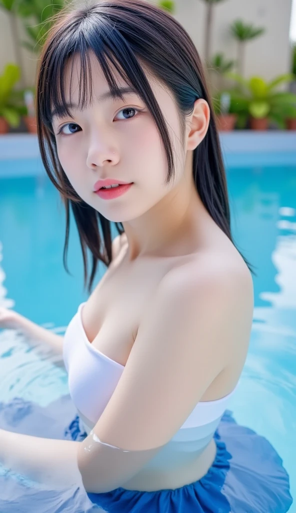 (highest quality, 8k, High resolution, masterpiece:1.2, unrealistic), beautiful japanese girl, 18-year-old, close up shot, I'Iは夜の海で全裸です, The sea sparkles in many colors reflecting the moonlight, (above the water level above the chest:1.3), upper grade, gentle smile, (Hair that shines like the starry sky:1.6), Super Long Straight Silk Hair, asymmetrical bangs, big magic eyes, 星空のようにキラキラ輝くHigh resolutionの瞳, smooth soft skin, High resolutionの完璧な鎖骨, High resolutionの美しい胸元, soft big breasts, blue night, The water surface shines colorfully, huge white full moon, colorful lights, sparkling light effect, professional lighting, professional photographer
