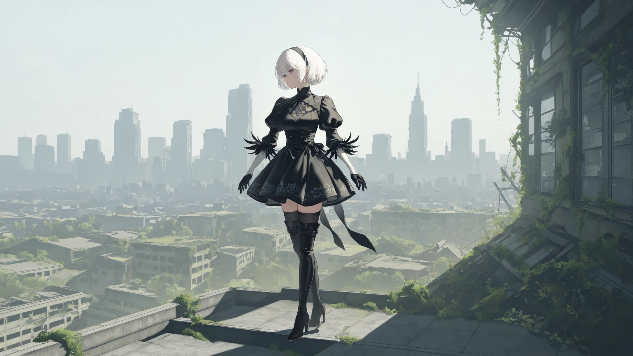 scenery, nierscene, a vast cityscape, half-collapsed buildings, overgrown with vegitation, 1girl, solo, YorHA_2B standing on a roof looking out at the cityscape, hairband, white hair, short hair, medium breasts, black dress, puffy sleeves, feather-trimmed sleeves, black gloves, skirt, black thigh highs, thigh boots, black high heels