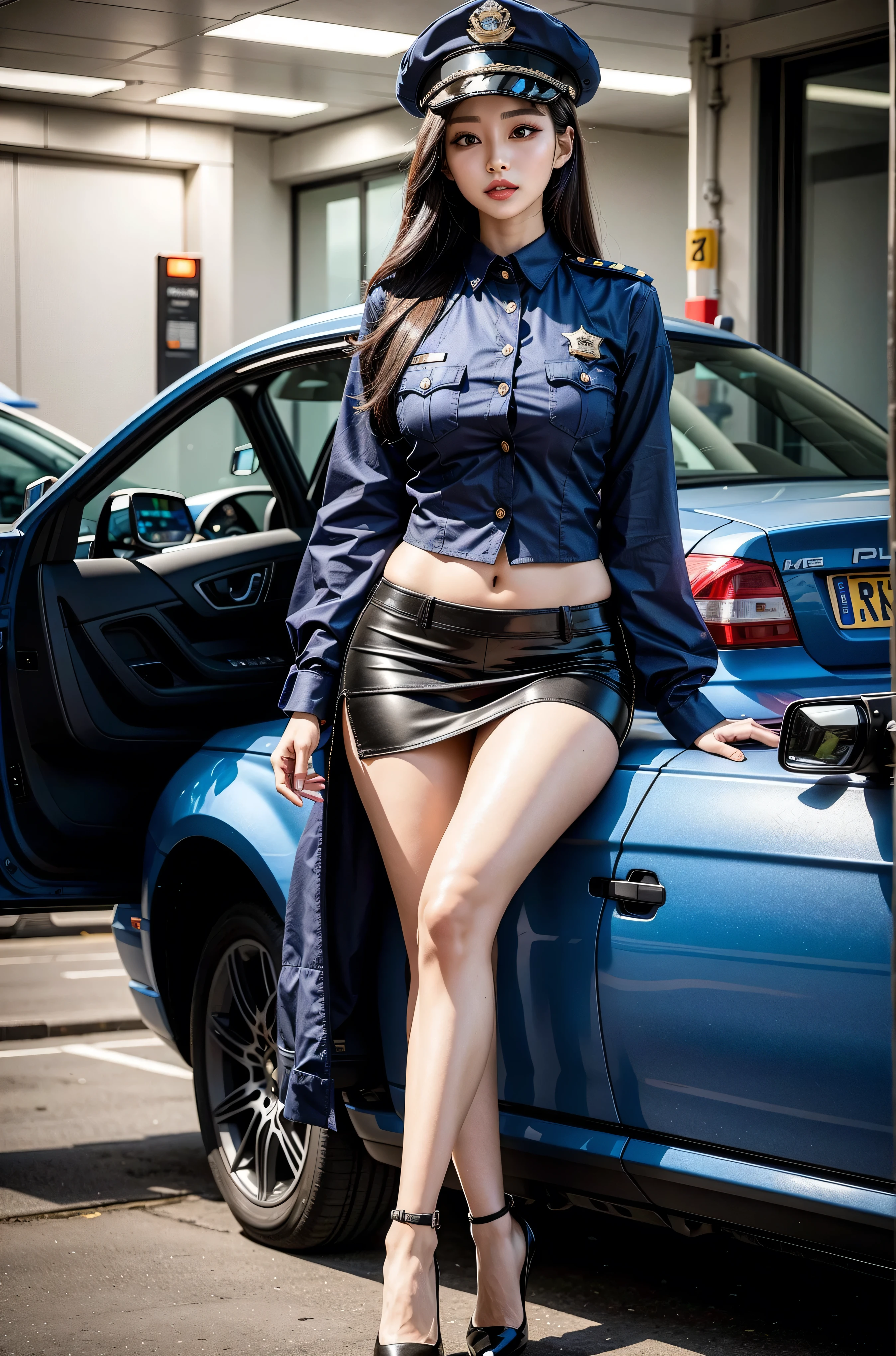 Posing in a city police car, photo,Sexy bulge, police officials, Dressed as a police officer, Bobby, official, , Full set of clothing, Female Sheriff, Korean female fashion models,Tight,Hip-covering skirt,Tight hip skirt,High heel,Pear-Shaped Body,Leg length,Wear different skin colors,Lace Hose