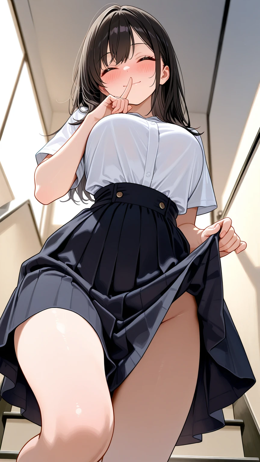 Amazing Chitanda, There is only one beautiful girl,Purple Eyes, Black Hair, Very red face,White skin,Skin Reflection,Naturally straight hair, Straight bangs,Extremely refined,Open lips,Long flowing hair,Beautiful Girl, Like a dream,Slim,Soft, (Sensual), (Kawaii), Dream quality,Uniforms,Skirt lift,Transparent clothes,no pants,Showing breasts,Show your thighs,Showing collarbone,Show your neck,extremely shy,Ultra-high resolution, (masterpiece:1.2, best quality), (Delicate and beautiful eyes: 1.2), (Beautiful and delicate face)