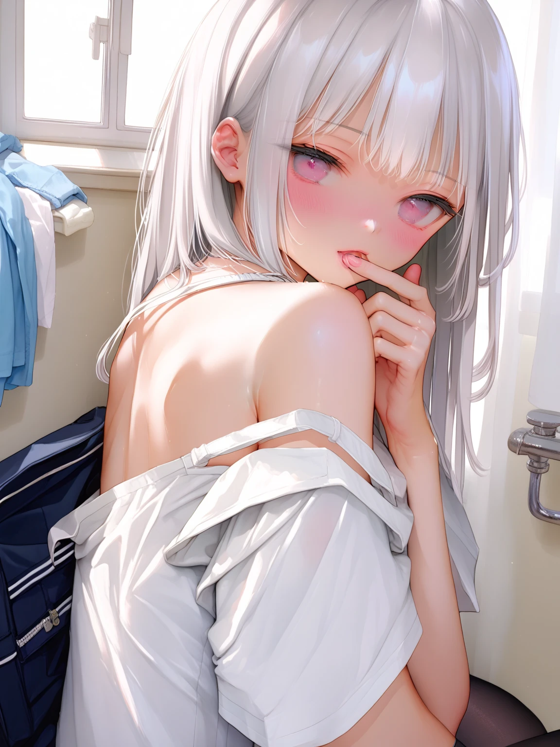 10 years old girl, white camisole, silver hair, {{{masterpiece}}}, {{{best quality}}}, (erectile nipples), ((trembling)), (((vulgarity))), (five finger), spread vagina