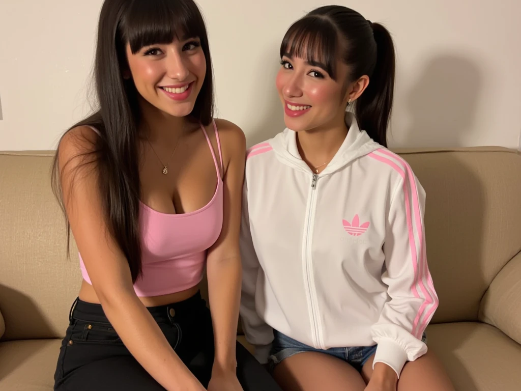 2heads, (extra arms:1.4), four arms, black hair, (green eyes:1.5), smiling, 21 years old, colombian, lighter skin, smooth skin, curvy arms, four armpits, second pair of arms attached under first pair, identical faces, necks side by side, RAW photo, there are two women posing for a picture in a black background, beautiful gemini twins portrait, modeling for dulce and gabanna, upper body face shot, pose(arms up + happy), frontal pose, conjoined twins, middle body shot, beautiful highly symmetric faces, symmetrical pose, posing together in bra, posing with open arms, beautiful gemini twins, (high detailed skin:1.2), 8k uhd, dslr, soft lighting, high quality, film grain, Fujifilm XT3