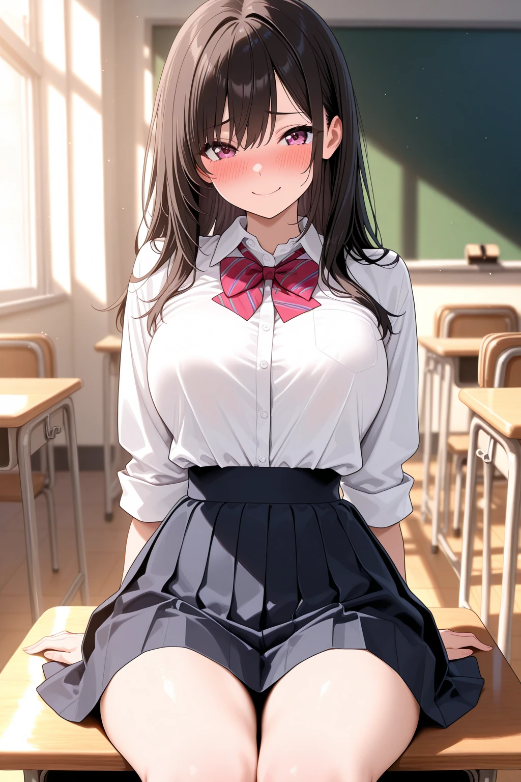 best quality, very aesthetic, , 1girl, 15 years old, small breasts, black hair, high ponytail, ((sweat)), heavy breathing, , ((skirt lifted by self)), embarrassed laugh, kneehighs, white panties, pantyshot, classroom,