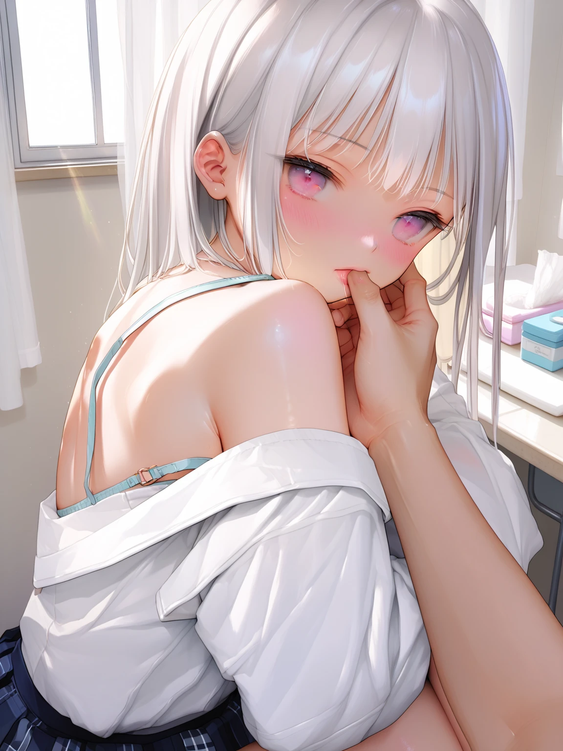 NSFW,((1 boy,fellatio, penis)),((cum facial)),(Best Quality,High resolution,8k,finelity detailed background,Masterpiece:1.2),shoot from above,beautiful girl,Glossy romance gray hair,messy hair,Beautiful grey eyes,Best quality,Best Quality,Aesthetic and aesthetic:1.2,Best details((Super detailed))(High-definition CG illustrations),cute,cute,Looking up,blush,nude,on the bed,(nsfw:1.2), (cum:1.3), (sweat:1.2), (steam:1.1)