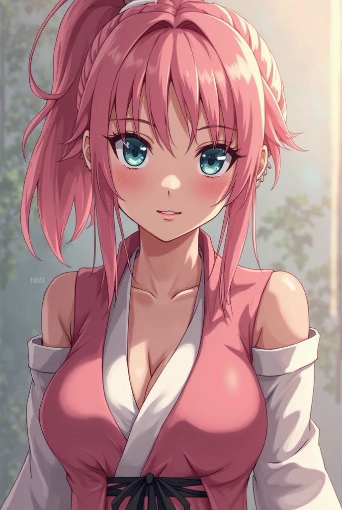 tmasterpiece， Best quality at best， 1 rapariga，little breast，（upperbody closeup)，is shy，ssmile，cleavage，A pink-haired，outside，grassy fields