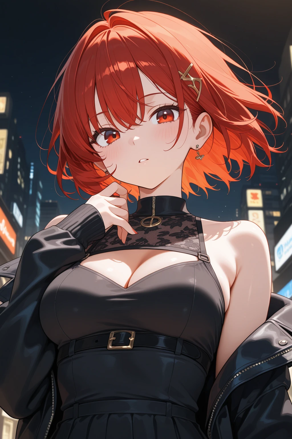 1girl, curvaceous, hip, upper body, watch viewer, cowboy shot,young, cleavage,necklace,big,open mouth, red hair, uniform, short cut, knee socks, brown, sister, arms crossed, smile, yellow eye, building, city, black clothes, thighs, night view, neon