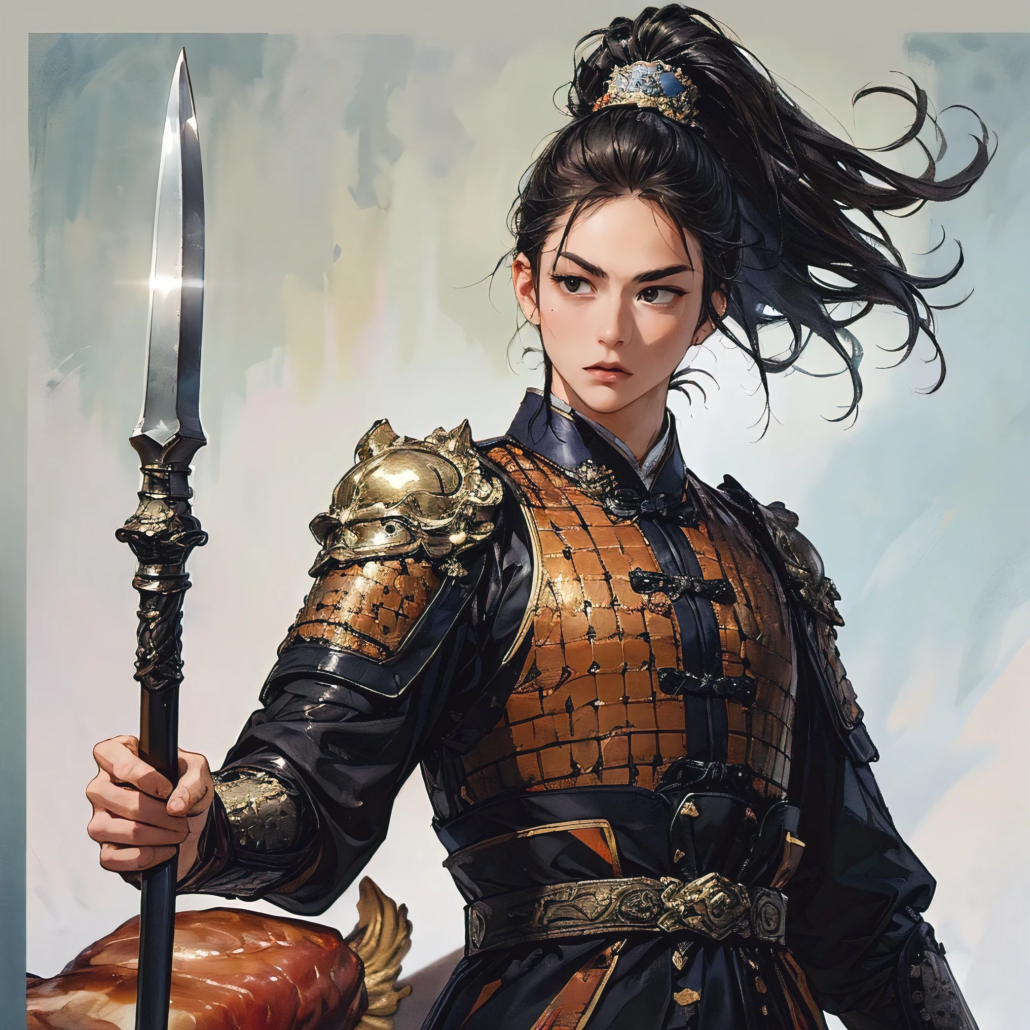 top quality、masterpiece、4K、 Oil Painting Portrait 、an ancient Chinese general with a spear、30 year old wild man:1.2、  accurately drawn eye  、(]black eyes、dark haired、Square Outline、Glutinous meat、ancient chinese armor、Long-lasting, thick, detailed spear on his side:1.3))、(cowboy shot:1.3、She is looking to the right、depicts a figure with enough space on the top of the screen and left and right:1.3、Distant view、wide shot、Blurred white background:1.3)