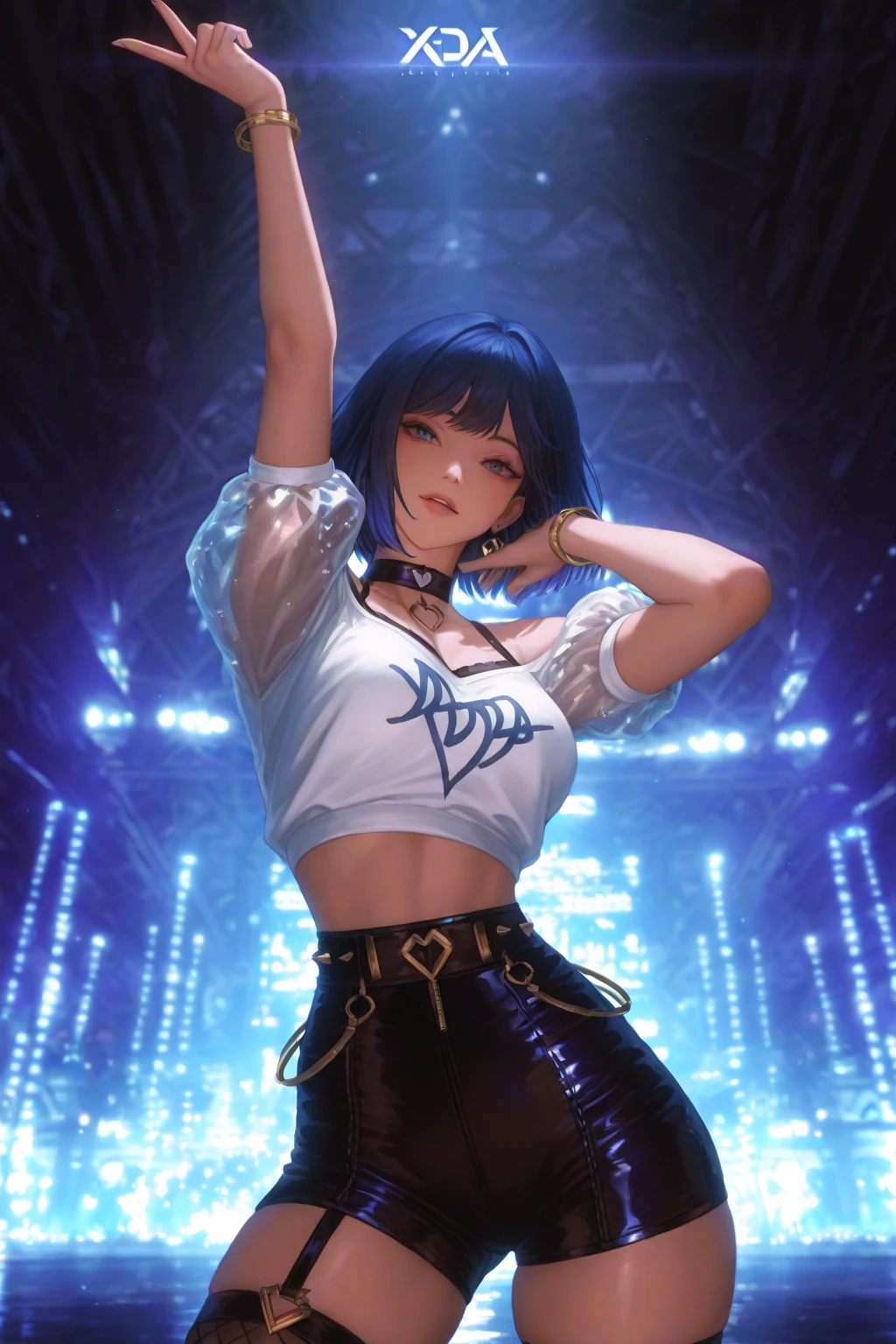 In this 3d render, a young and famed Pop Singer, Nelly Furtado, captivates the audience's attention from behind a shimmering silver chain-link fence. Her white shirt, decorated with intricate patterns, clings tightly to her toned figure. Nelly completes her edgy look with black boots, adorned with silver decorations matching her gloves. A short, silver-decorated leather skirt accentuates her charm, adding to her allure.

The backdrop reveals an illuminated disco hall, bathed in bright spotlights of various colors, creating an atmospheric setting ripe for an unforgettable musical experience. Nelly playfully sticks