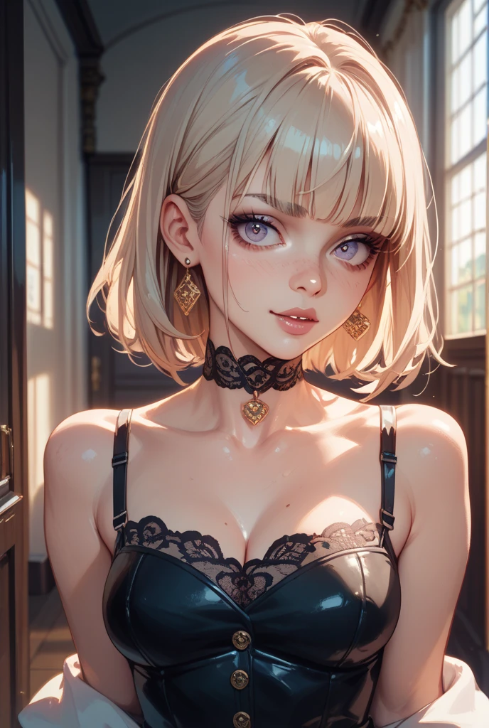 a beautiful girl with a choker on her neck, septum nose piercing, blonde bob haircut, wearing a school uniform, with a mischievous expression, blushing, in a sensual and provocative pose, photorealistic, 8k, high-resolution, detailed, smooth, glossy skin, vivid colors, dramatic lighting, cinematic, artistically composed, elegant, dark academia aesthetic, erotic, sensual, mature, female

