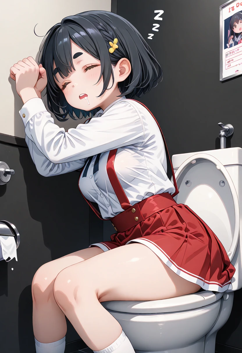 high school girl、sailor suit、pleated skirt、black hair、short hair、Are crying、ecstasy face、mouth open、Water is flowing from the mouth、sweating all over、lots of sweat、Stay in the bathroom、sitting on the toilet、Body is restrained、wrists tied