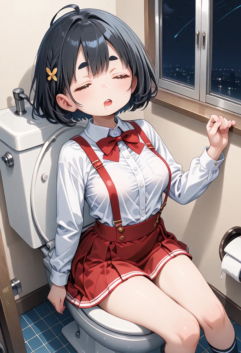 One girl, Bowl Cut Hair, Black Hair, Iris, White blouse, Collared shirt, Long sleeve, Red suspender skirt, break, toilet, Sit on an open urinal, (((Perfect Anatomy))),(masterpiece:1.2) , (highest quality:1.2) , (Very detailed:1.2), Eyebrows visible through hair, break,Very detailed, (Red nose),Perfect quality, good quality, masterpiece, High resolution, 超High resolution