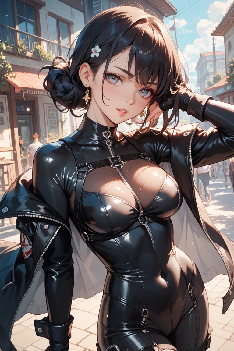 Highest quality、Realistic、woman、zoom、Orange eyes、Short black wavy hair、Reinforced Body、Hero Suit、Glossy white bodysuit、Blue and gold accents、thin、Dark Skin、Flat Chest、Inappropriate smile、Busy Street、Bust Shot、