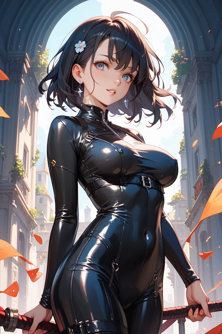 masterpiece, high quality, 8K, high resolution, ultra-detailed, anime, natural lighting, ultra detailed skin, ultra detailed face, cinematic style, cowboy shot, 1girl, 18 years old, (dark brown short hair), swept bangs, wavy hair, dark red cute eyes, ninja, (highly revealing clothing:1.3), dark aller at night, smirk, fang, trained body , small breasts, 150cm tall, finger pointing, one hand on hip, slouching,