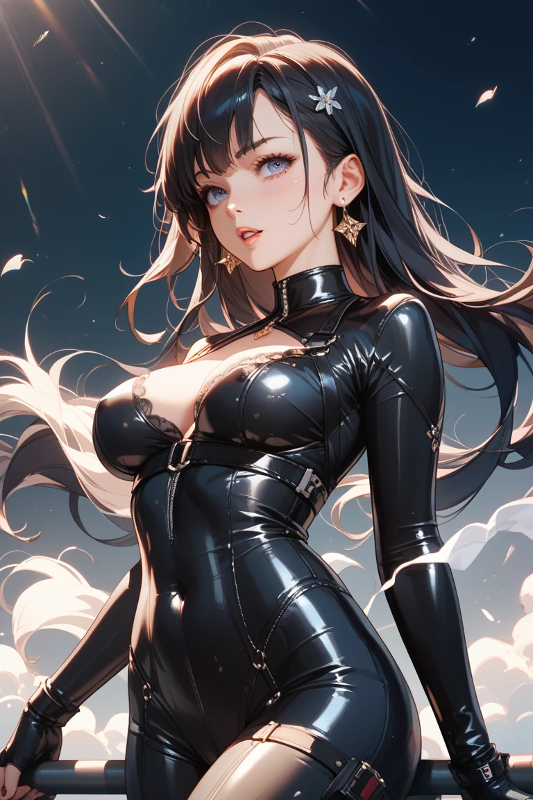 highest quality, masterpiece, attention to detail, realistic, 1 girl, beautiful hands, sexy, whole body, Blissful smile、black leather costume