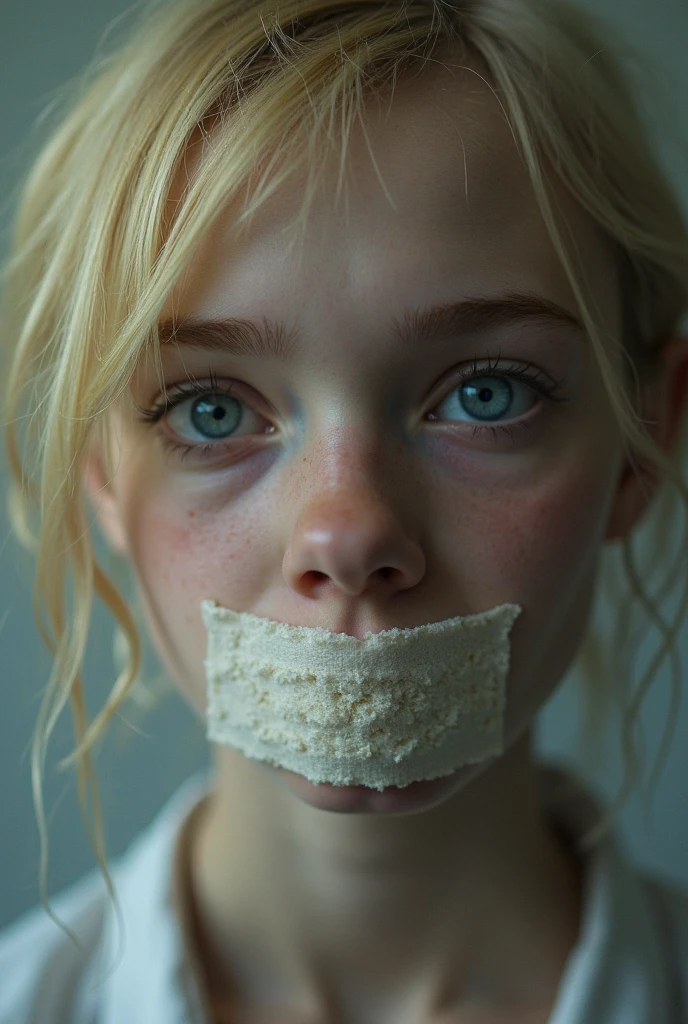 

A young girl named Isolder, with long, slightly disheveled blond hair, falling in soft waves around the face. His face is partially covered by frayed white bandages., that cover his right eye and part of his face, revealing only his blue left eye, deep and expressive blue, shining with a gentle, concerned light. Despite the bandages, her face displays a kind and subtle smile. She wears a tattered and stained white dress that reaches her knees.. His posture is slightly hunched over, and she holds a small container with a drink, showing a mixture of shyness and caution. The general aura is one of mystery and vulnerability., with a sense of resilience despite its worn appearance. His arms fingers and neck are wrapped in bandages 
