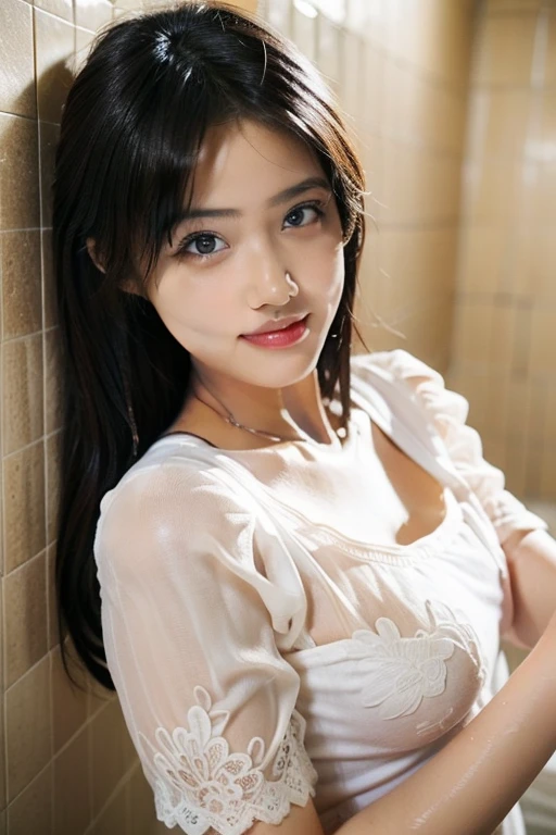 (Best-quality, Masterpiece, Ultra-High-Resolution, (Photorealistic:1.4), Raw Photo, depth of field, professional lighting, perfect anatomy, extremely details), 1girl, 15-years-old, the most famous Japanese idol, looking at viewer, ((innocent smile)), sitting on sofa in living-room, ((wearing extremely wet white-casual-dress drenched in sweat)), (extremely cute face like the most popular Japanese idol, ((extremely cute and extremely big realistic-black-eyes)), extremely beautiful and extremely wet black-long-hair drenched in sweat, ((extremely beautiful and extremely wet skins drenched in sweat)), extremely cute long-eyelashes, extremely cute wet-lips, extremely beautiful and extremely wet body drenched in sweat)