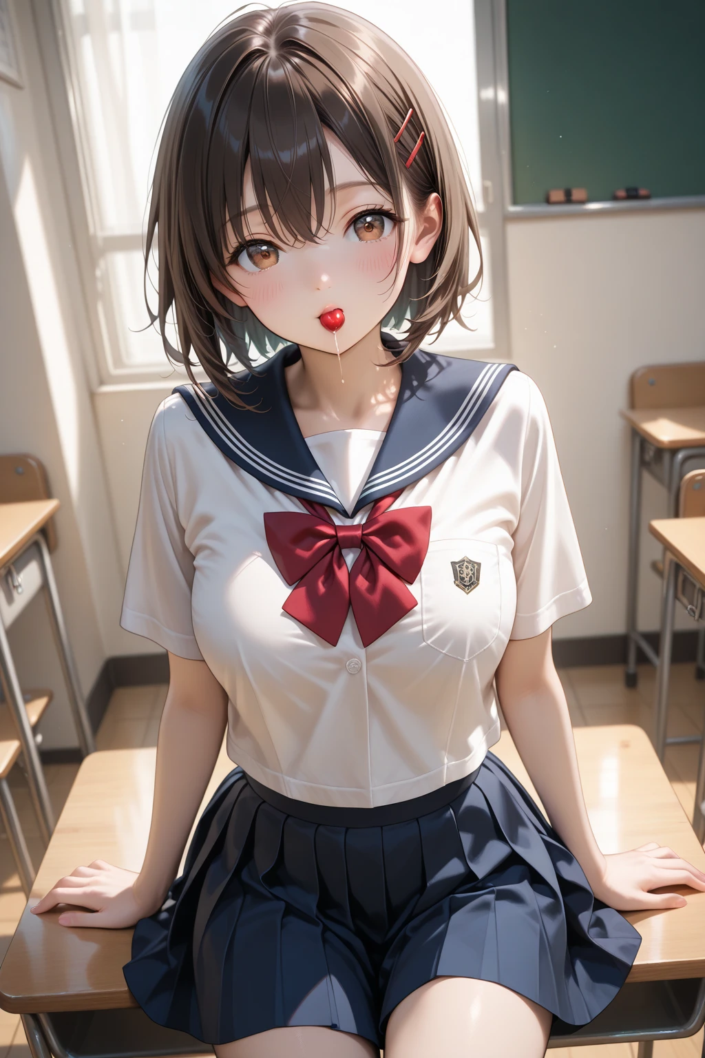 absurdres, (masterpiece, best quality), (ultra-detailed), extremely detailed,super high resolution, (Top Quality photorealistic Illustration), (Super Definition), (best quality,masterpiece:1.0),(cute illustration:1.3), (high Saturation:1.2), highres, ultra-detailed, 32k,8k resolution, intricate details, cinematic scene, detailed background, detailed background, BREAK (show off nipples:1.6),detailed beautiful face and eyes, very detailed background, (an extremely delicate and beautiful), (nice hands, perfect hands), (appropriate posture), (appropriate configuration), ideal ratio body proportions,
BREAK (show off nipples:1.6),(dynamic angle:1.6), (close to viewer:1.6),depth background, (In front of the school gate:1.6), bright sunlight, noon, beautiful lighting, strong light, widely, Particles of light,(standing:1.3),
BREAK((1girl, solo), suzune horikita,(very short hair:1.6),short bob cut, black hair, (red eyes:1.3), hair ribbon, (braid:1.3), very cute and beautiful girl,(highly detailed beautiful face),(twinkle smile), (full-face blush), (shy),open mouth, BREAK(show off nipples:1.6), (exposing bare breasts:1.3), (exposed chest:1.3), (no bra:1.3), (open shirt:1.6), (exact number of nipples:1.6), nsfw, BREAK belly button, bow, , jacket, bowtie, blue bowtie, blazer, (red blazer:1.5), very short miniskirt, white skirt, loafers,small nipples, small areolas,