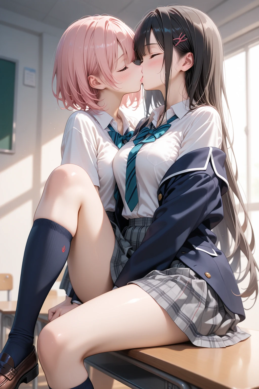 Dynamic posing, dynamic angle, Arrange pose,Top quality work，Show Legs，( 16 years old), lovely red lips, Rose cheeks, Pretty Face, A perfectly proportioned face, school shirt with red bow and black skirt, (school uniform), white stockings，in classroom，full-body view， amazing, Large round chest、Beautiful eye details、Beautiful eyelashes、beautiful double eyelid, with blush cheeks, talking to viewer, anime vtuber full body model, casual real life,(((kiss)))