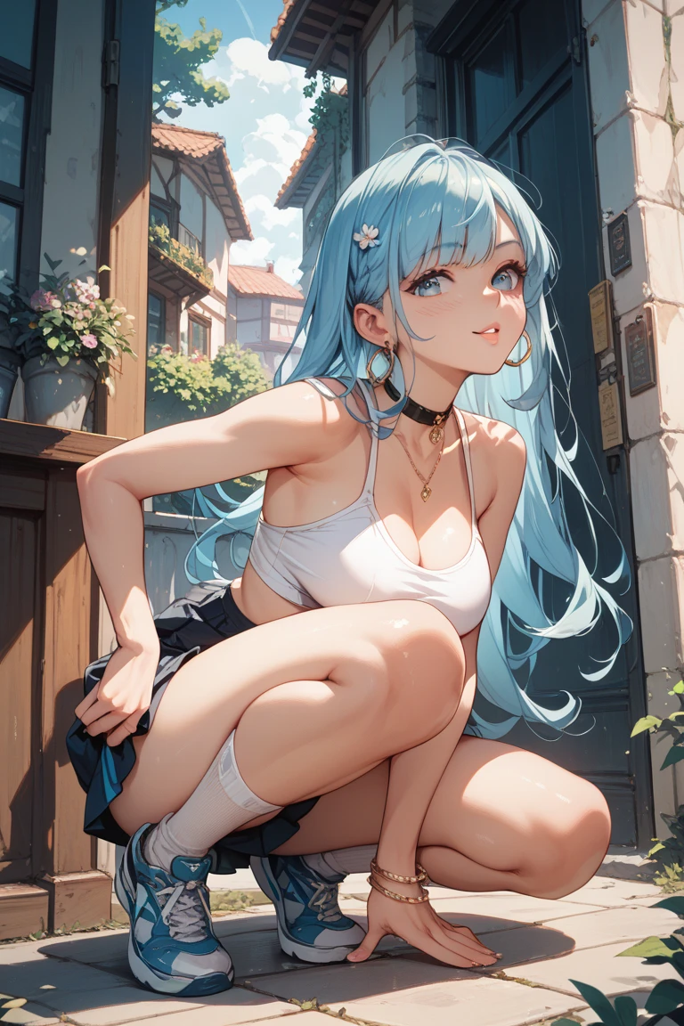 (masterpiece、Highest quality、Highest quality、Official Art、Beautiful and beautiful:1.2)、(One girl:1.3)Hatsune Miku、Twin tails,Beautiful breasts,(masterpiece:1.3, Highest quality, Ultra-high resolution, Super detailed), (Realistic, photoRealistic:1.4), Beautiful illustrations, Perfect lighting, Natural light, colorful, Depth of written boundary, Surrealism,
Beautiful detailed hair, Beautifully detailed face, Beautiful attention to detail, Beautiful clavicle, Beautiful body, Beautiful breasts, Beautiful thighs, Beautiful feet, Beautiful fingers,
View your viewers, 1 Girl, Japanese, high school girl, (Idol Sculpture), (Perfect Anatomy, Anatomically correct), Cute and symmetrical face, Baby Face, Perfect Face, Perfect Eyes, thin,
(Medium Hair:1.7, Side Ponytail:1.2, Short twin braid, Silver Hair), Swept-apart bangs, Purple eyes, Big eyes, Droopy eyes, Long eyelashes, (Large Breasts:0.8, Captivating thighs), Wheat peel, Sunburn, Shiny skin,
(((White camisole), Denim mini skirt)),
(Beautiful views), summer, evening, walking, (Cute smile, Upward glance),