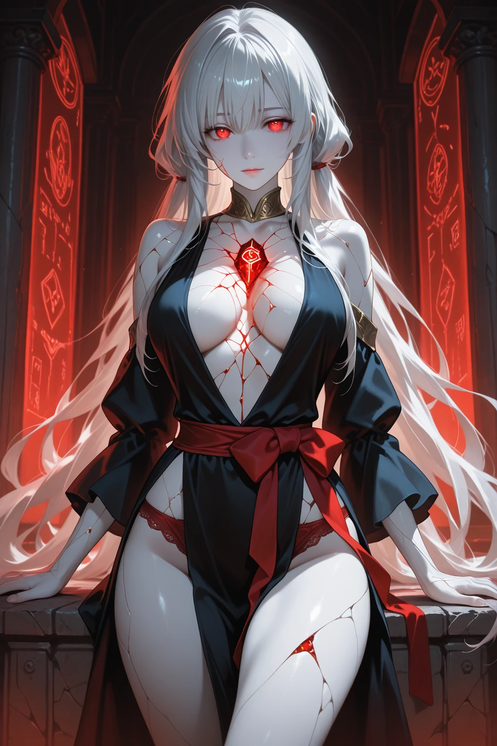 Queen, Beauty, pale white skin, Long thighs, slim body, deep blush, black stockings, silver pubic hair, transparent and red nipples, Chromatic flag, sexy energy, Intense and dirty eyes, Full of dirty energy, glass skin