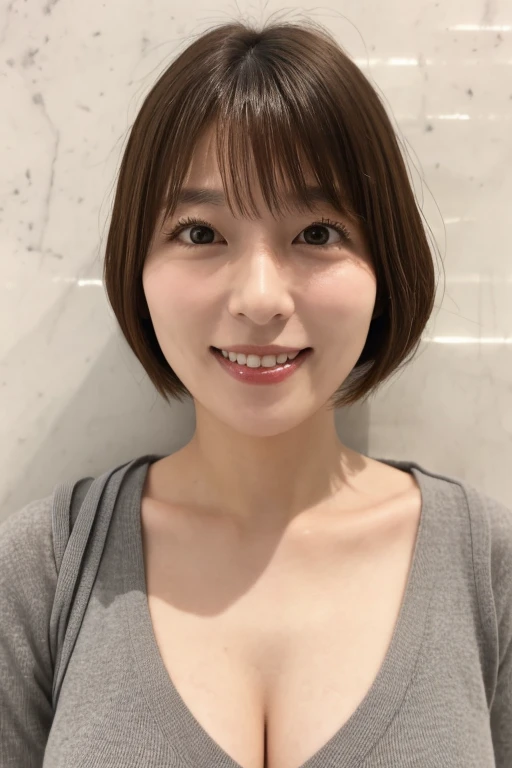 masterpiece、highest quality、high detail、1 female、(Photoreal:1.4)、solo、white background、turn to the side、don't look at the camera、long sleeve shirt、Taken in front of the white door、short hair、close your mouth、Smile、smile happily、beautiful black hair、length、Big eyes、Clear double eyelids、eyelash、Please show your ears、long neck、((close up of face))、(cap、Draw all the shoulders)、40 years、attractive proportions、glowing skin、beautiful clavicle、golden ratio face、perfect face、Tears mole、bangs、きれいなbangs、lip gloss、thin lips、white skin