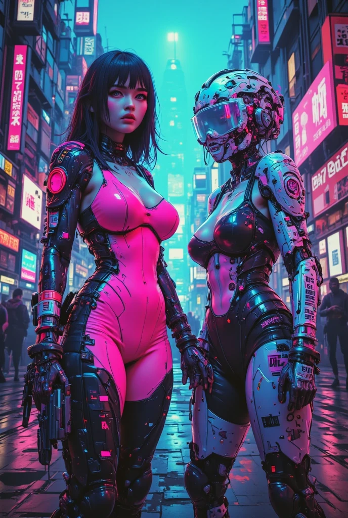 ((Of the highest quality)), ((masterpiece)), (detail:1.4), (((Translucent with numbered mechanical parts and holograms++Polypropylene material++、++Black carbon material.++Beautiful women in cyberpunk made of))), Bright pale with LED, ((Very open chest)), Skin of hips and thighs., heart (High dynamic range), ray tracing, NVIDIA RTX, Super resolution, PBR subfloor dispersion texturing, post processing, Anisotropy filtering, Depth of fields, surface shading, Accurate simulation of light./Material interaction, perfect proportions, Two tone lighting, grand opening, Low ISO, white balance, 8k, (((Inflated camel toe))), NSFW, (((tall woman))), 2 woman, bright LED, up to the knee, bulk, swollen nipple, ((Campana cibernética con bright LEDs y apagados)), open stance, cowboy shot, Skin of hips and thighs., beautiful body, Navel visible on bare skin., Chest to feel gravity., (huge breasts: 1.3), (gargantuan butt: 1.0), Cyberpunk dazzling cityscape, Kowloon City, many neon signs, bright lights, combination of bright and vivid colors, combination of bright and vivid colors, dynamic poses, looking down, dull bangs, (((Beautiful bob cut hair only in turquoise blue))), (((Aurora's inner hair))), Costume typography and numbering