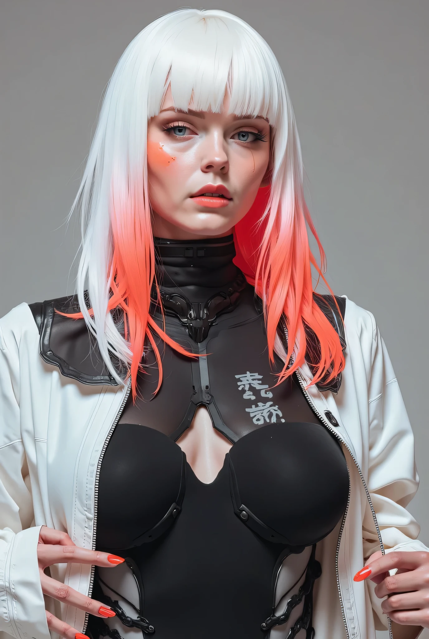 a beautiful woman with fair skin, a closed gaze with a smile, dark blue eyes, well-defined and very delicate lips, pearly white Jellyfish Cut hair with straight bangs and salmon pink highlights making a gradient with red at the back of the hair, long matte red nails, red lipstick matching the nails, large breasts, black rubberized bodysuit with a cleavage, white sand-collar cropped jacket, black 3/4 stockings.
