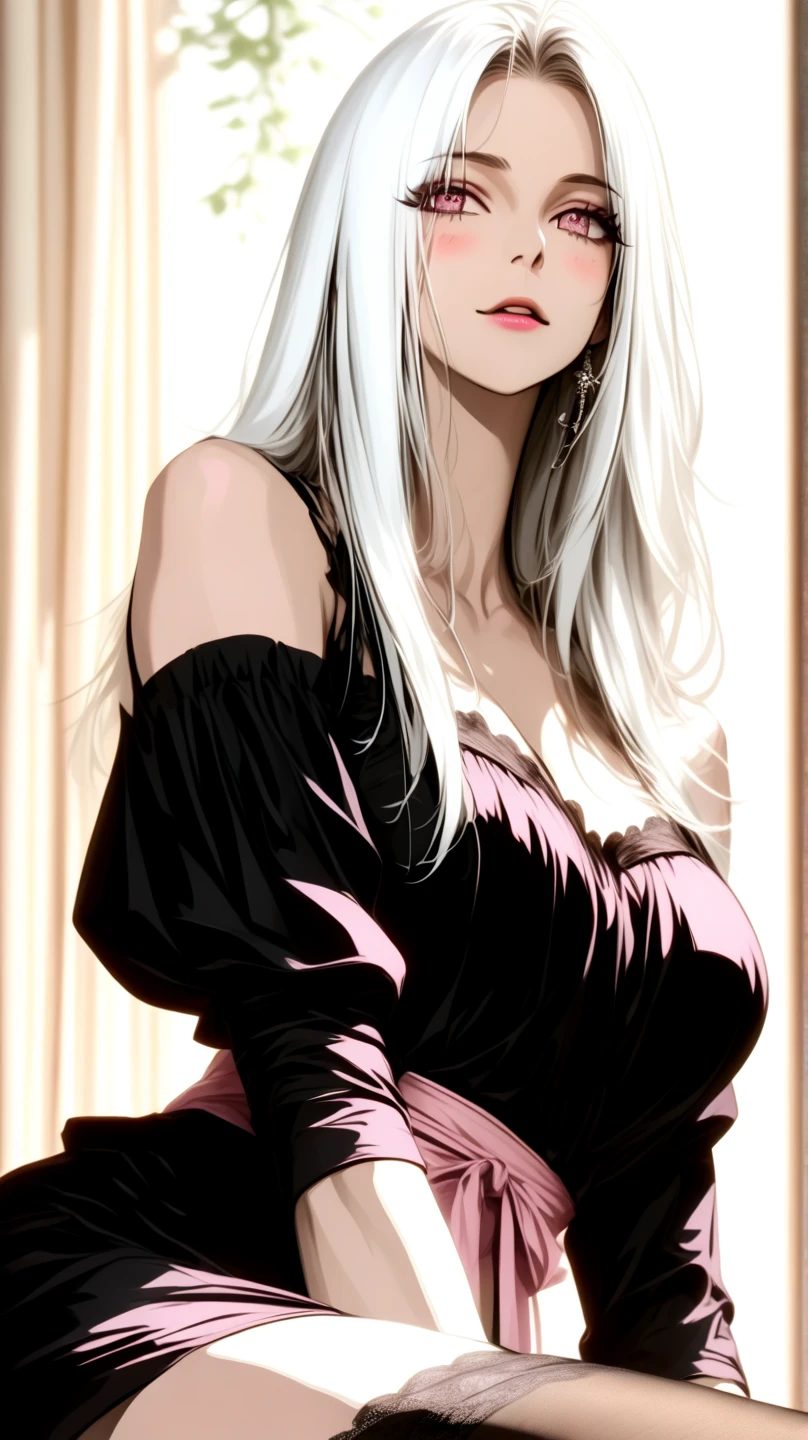 score_9, score_8_superior, score_7_superior, High-resolution CG illustration,A masterpiece in 32K resolution,Highest quality,it is really amazing,Very detailed,Ultra-high resolution,Ultra-realistic,Realistic,Increased depth of field,Cinematic lighting,
Elegant mature Japanese woman,
Shiny silver hair,Wavy long hair,Showing his forehead,god々Beautiful,Ultra-detailed and beautiful face,Sensual look,Beautiful dark brown, moist eyes,Pitch black eyes,Glowing, moisturized skin,Translucent white skin,born々New skin texture,Great proportions,
Elegant wine-red slit dress,spaghetti straps,Deep slit,Detailed and beautiful lace decorations,born地の柔らかな質感,
Black panties,
Black Stockings,
高層ビルの屋superior,Background of big city night scene,
Dramatic Angle,