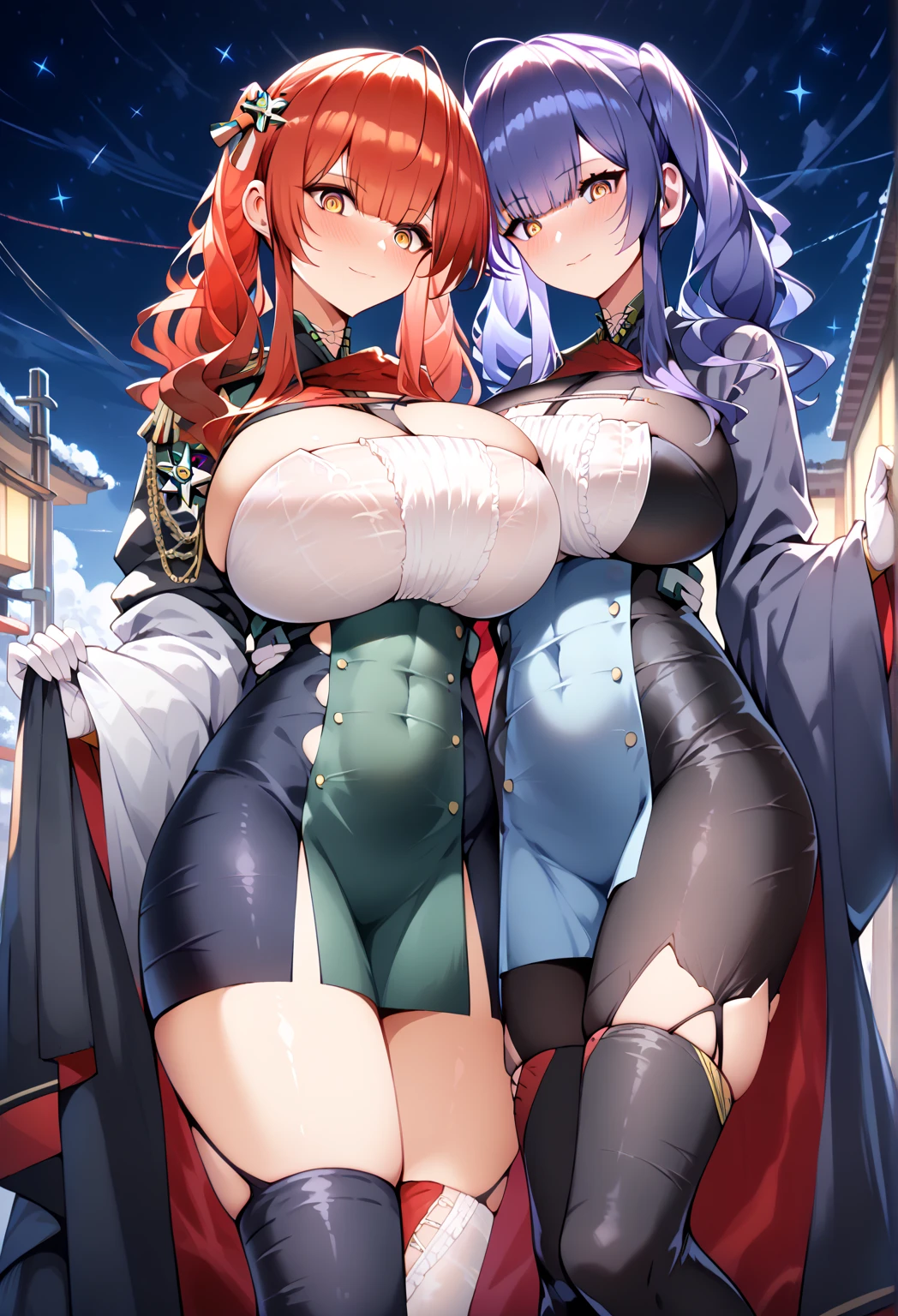 2girls absurd_res ass bending_over breasts cameltoe clothed clothed_female female female_only fox_ears fox_girl genshin_impact huge_breasts indoors kitsune large_ass light-skinned_female light_skin long_hair niliu_chahui panties +panties_under_pantyhose +pantyhose pink_hair purple_hair raiden_shogun striped_panties +thighhighs thighs +white_thighhighs yae_miko