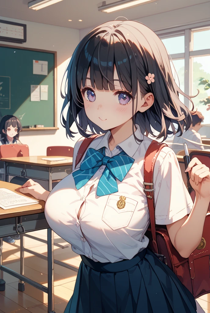 (best quality), (Super detailed), (Best Illustration), (masterpiece), insane detail, score_9, score_8_up, score_7_up, 4k, 
(woman), selfie, (serafuku), (large breasts:1.2), {brown hair, (sideburns), (bob cut:1.3), curly hair, hairs between eyes, colored inner hair}, {(detailed eyes), grin, blue eyes}, happy, blush, earring, wind, classroom