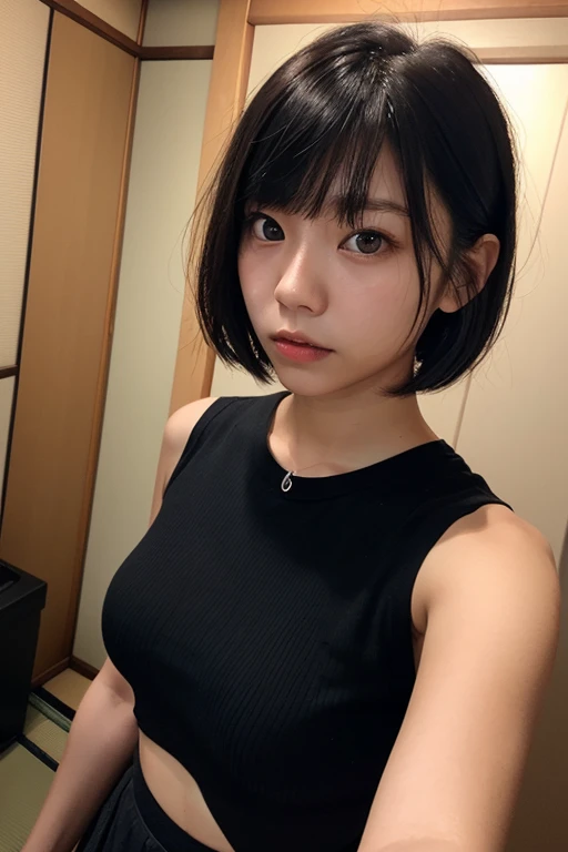 、(RAW Photos:1.2)、(Realistic:1.4)、Beautiful details and subtle expression,Tabletop、Very detailed表現、私n detail、Very detailed顔、Cinema Lighting、Highest quality、Realistic、Tabletop、Highest quality、８hair、 Earrings, Beautiful eye detail with eyelashes, Large file size, Very detailed, High resolution,A young and cute fair-skinned Japanese woman、Woman with bob cut、Act like an actress、The gesture of wanting a man、Stick your tongue out、Gesture of invitation for young man、Badedium Chest