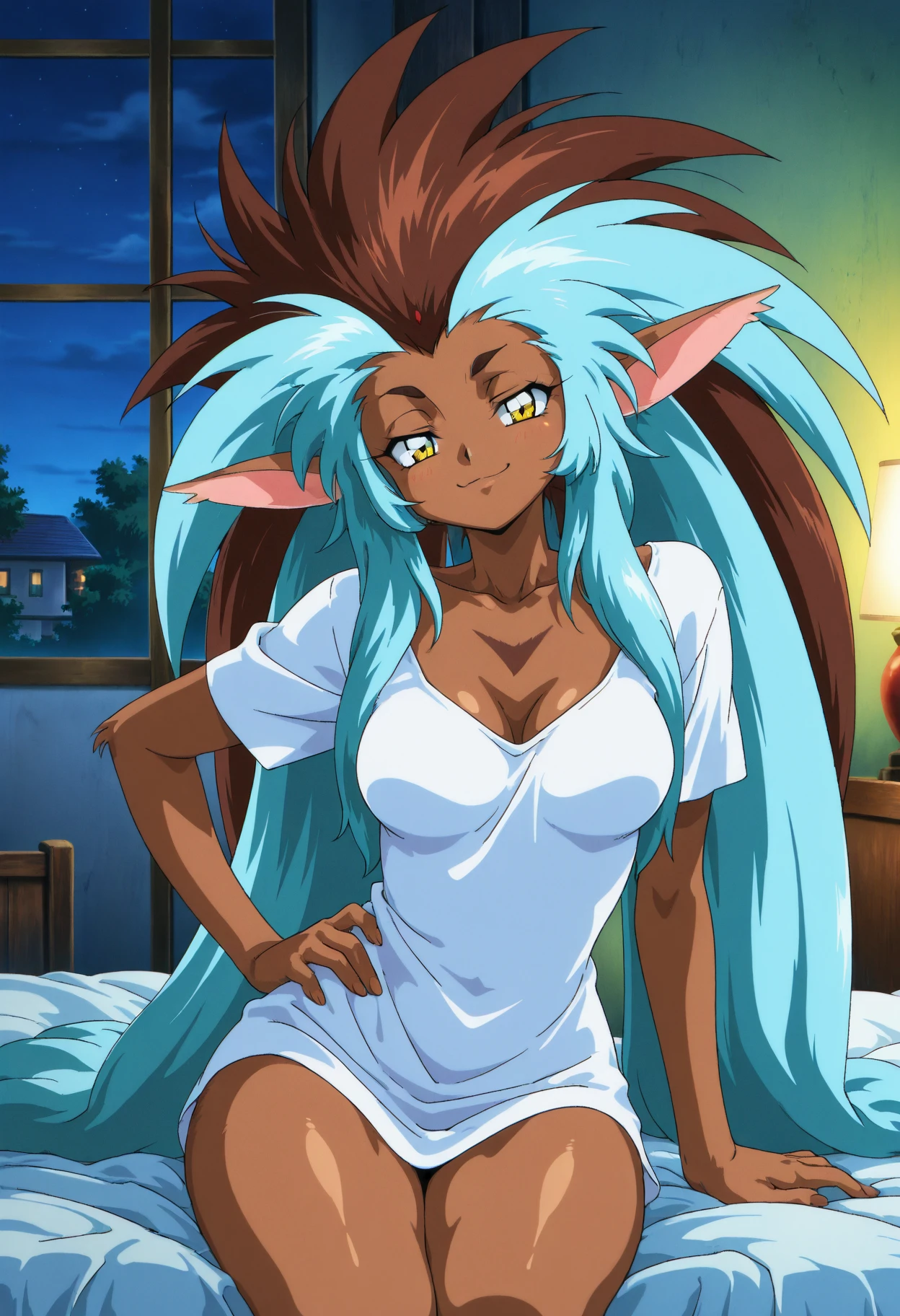 masterpiece, best quality, solo,  curvy, beautiful eyes,  1girl, solo, medium breasts, zzRyouOuki, long hair, animal ears, dark skin, multicolored hair, blue hair, brown hair, yellow eyes, dark-skinned female, two-tone hair, spiked hair, very long hair, big hair, furry female, retro artstyle, gentle smile, looking at viewer, white shirt, indoors, house, in bed, night, spreading legs, sitting,  ,  <lora:RyouOukiIXL:1.0>,cowboy shot, hand on hip, smug, smile, looking at viewer, shiny skin,